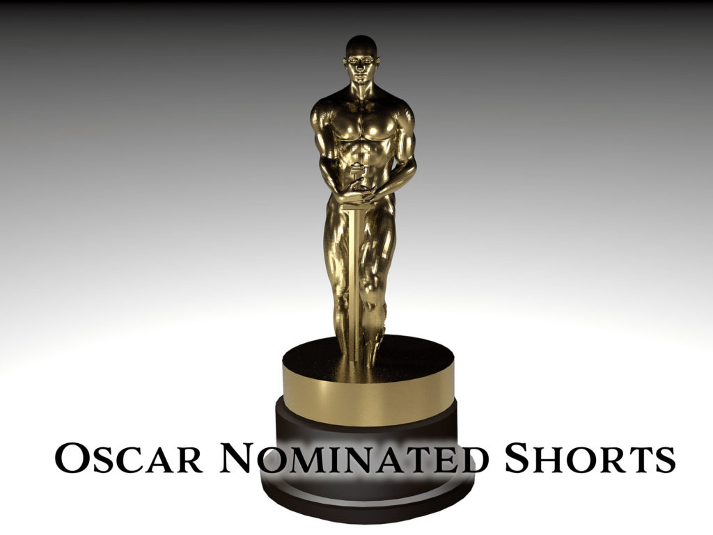 Golden Oscar Statuette with text that says Oscar Nominated Shorts