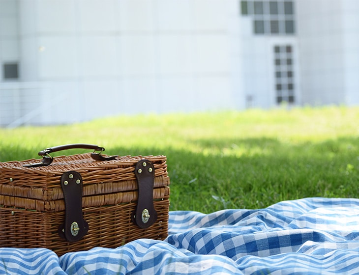 Lawn Party picnic basket in front of the Meier building of the Art Center.