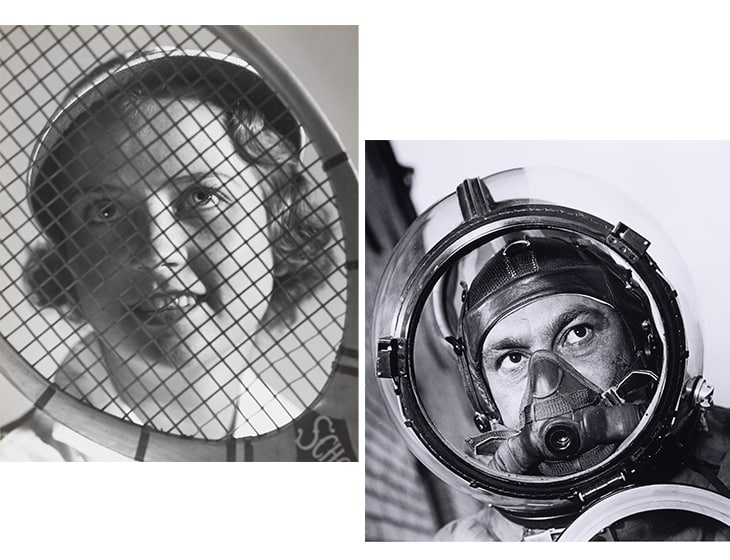 Side by side black and white print images from the exhibition Double Take. On the left "Portrait of young woman holding up a tennis racquet" by Edward W. Quigley. On the right "Test Pilot Ahmet Khan Sultan, Twice Hero of the Soviet Union" by Dmitri Baltermants.