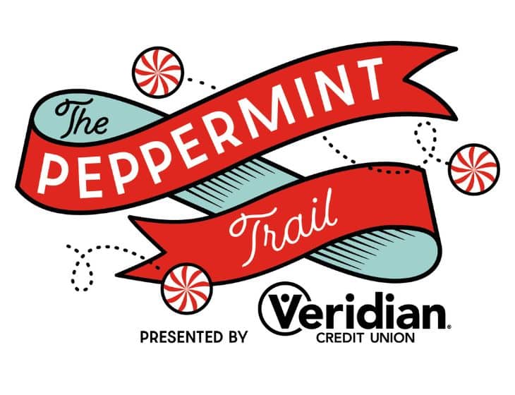 Red banner logo reading "The Peppermint Trail" presented by Veridian Credit Union