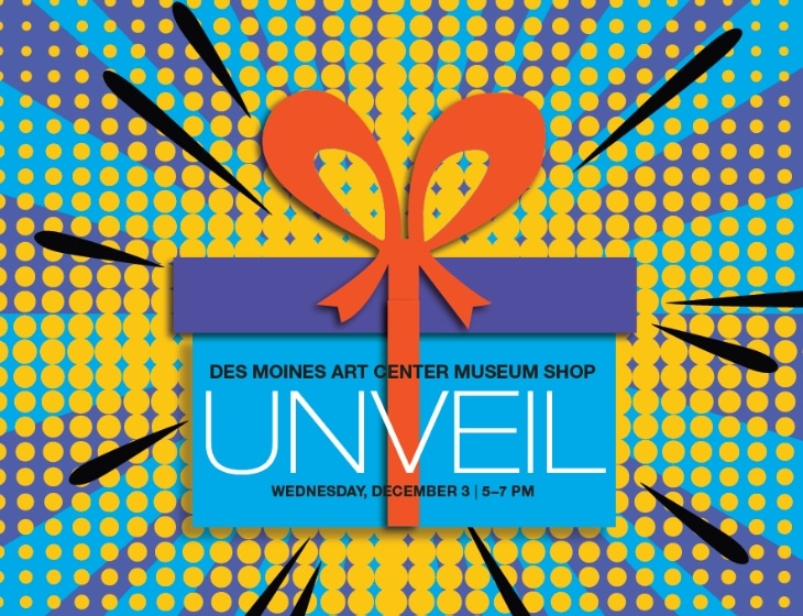 Museum Shop Unveil shopping event. Pop art deign of a blue box and red bow around it with bright yellow and blue-green polka-dot design in the background.