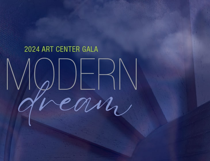 Misty blue/purple colored stair case. Text reading 2024 Art Center Gala Modern Dream