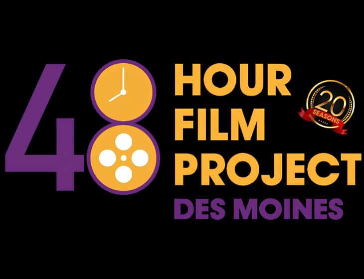 Yellow and purple graphic logo reading 48 Hour Film Project Des Moines