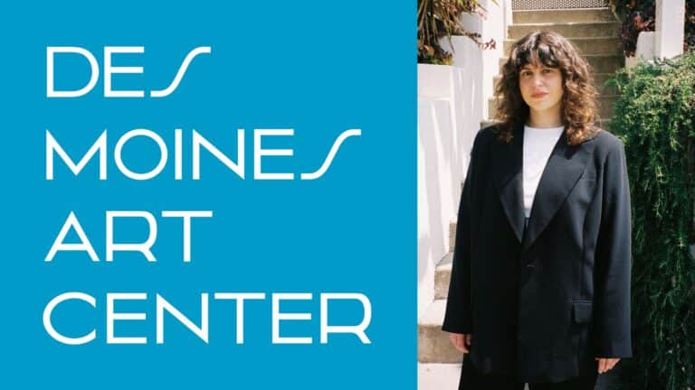 Des Moines Art Center blue logo, and Ashton Cooper, Art Center curator portrait photo