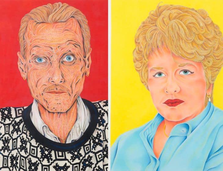 Two drawn artworks of people by artist Tilly Woodward