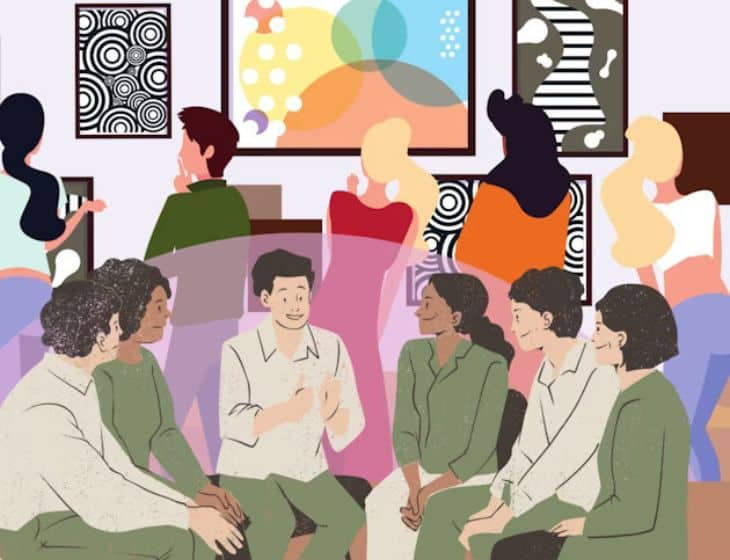 Digital artwork of people standing and looking at art on a back wall, and a group of people sitting in front of them, smiling and having a conversation.