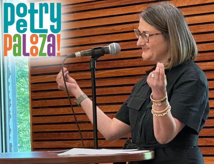 Person standing at podium talking. 'Poetry Palooza' logo in top left of image.