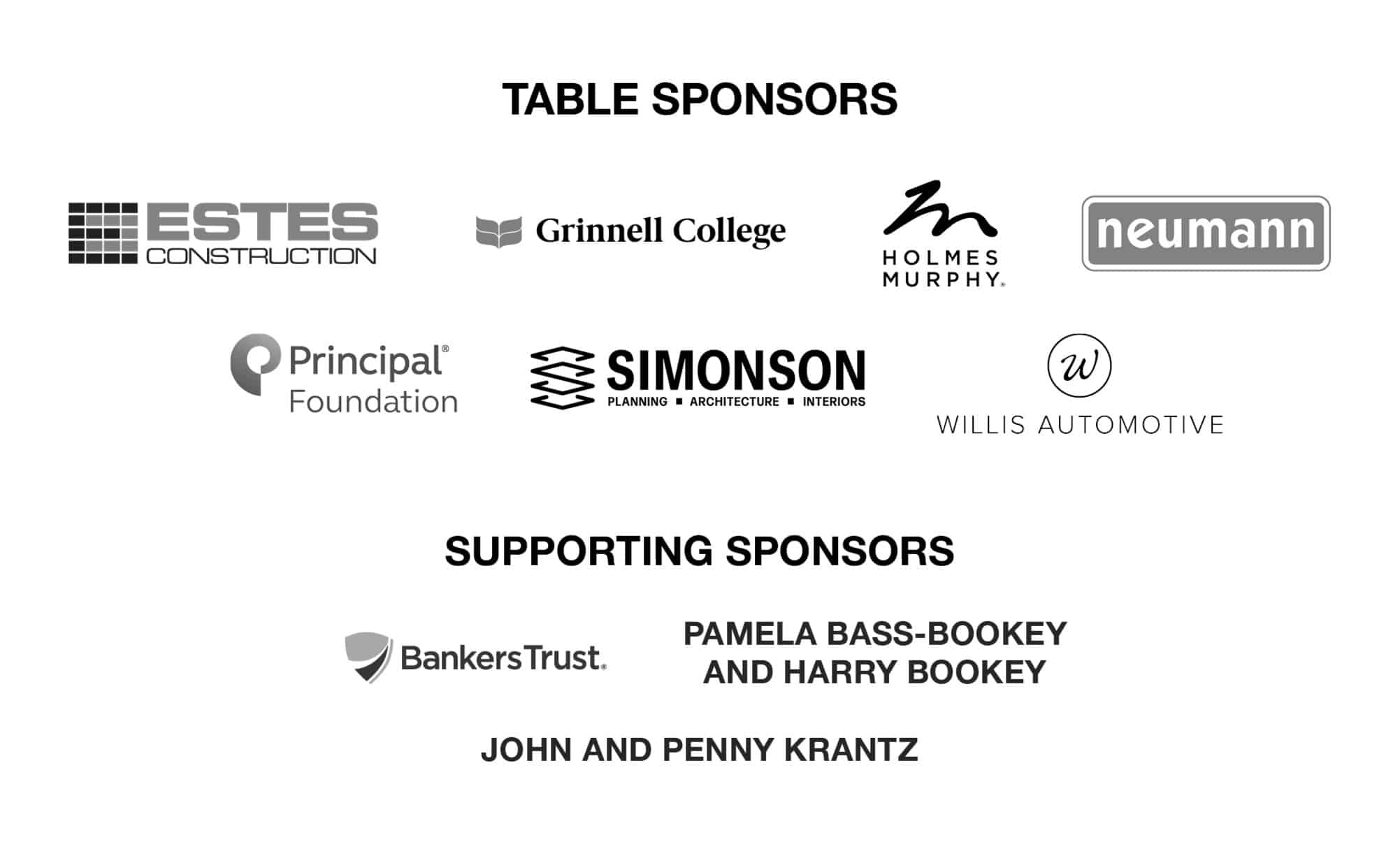 2025 Art Center Gala Table Sponsors: Estes Construction, Grinnell College, Holmes Murphy, Neumann Brothers, Principal Foundation, Simonson & Associates Architects, Willis Automotive.

Supporting Sponsors: Banker's Trust, Pamela Bass-Bookey and Harry Bookey, John and Penny Krantz