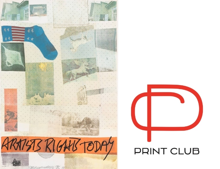 Left: Robert Rauschenberg (American, 1925 - 2008) Artists Rights Today, 1981 Lithograph and embossing on paper Des Moines Art Center Permanent Collections; Gift of Valeen Gabeline Tone, 1986.15 Right: Print Club red letter logo