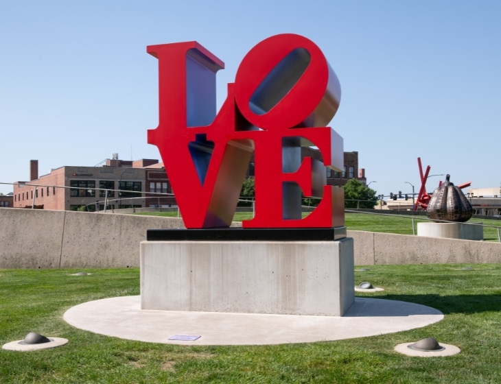 Robert Indiana (American, 1928 - 2018) LOVE, 1966-1999 Polychrome aluminum Des Moines Art Center Permanent Collections; Purchased with funds from John and Mary Pappajohn, 2019.32