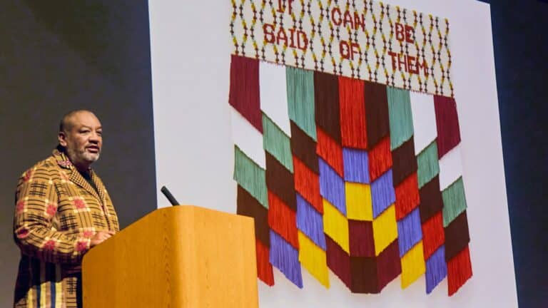 Jeffrey Gibson delivering the 2025 Fingerman Lecture at the Des Moines Art Center.