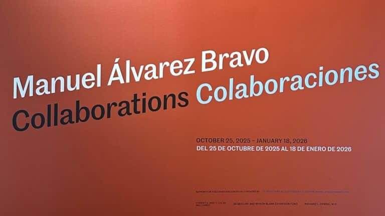 Vinyl text on a red painted wall: Manuel Álvarez Bravo: Collaborations