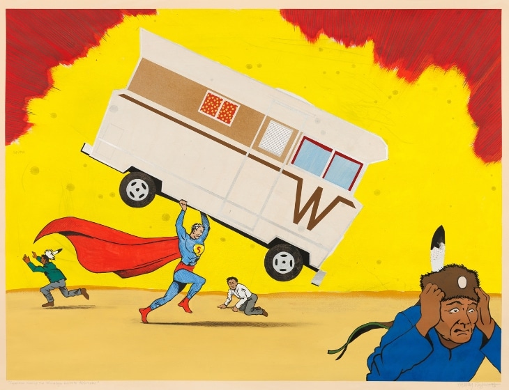 Henry Payer, Ho-Chunk (b. 1986) "Superman Moving the Winnebago Back to Nebraska," 2025 Flashe and acrylic on BFK Rives paper Courtesy of the artist