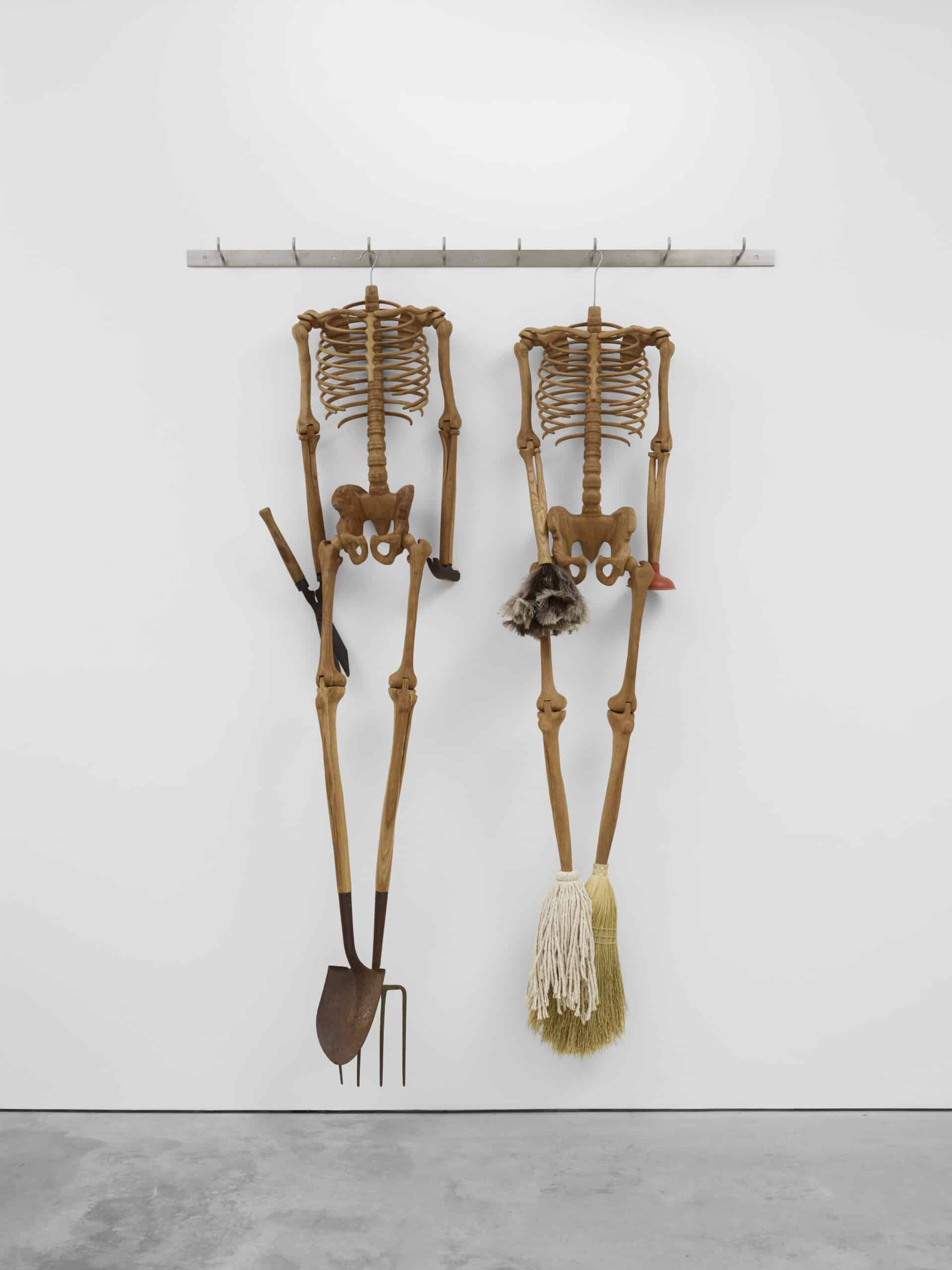 Hugh Hayden (American, born 1983) American Gothic, 2024 White oak, steel, broomcorn, cotton, rubber, ostrich feathers Des Moines Art Center Permanent Collections; Purchased with funds from the Edmundson Art Foundation, Inc., 2024.23.a-.c. © Hugh Hayden; Courtesy Lisson Gallery 