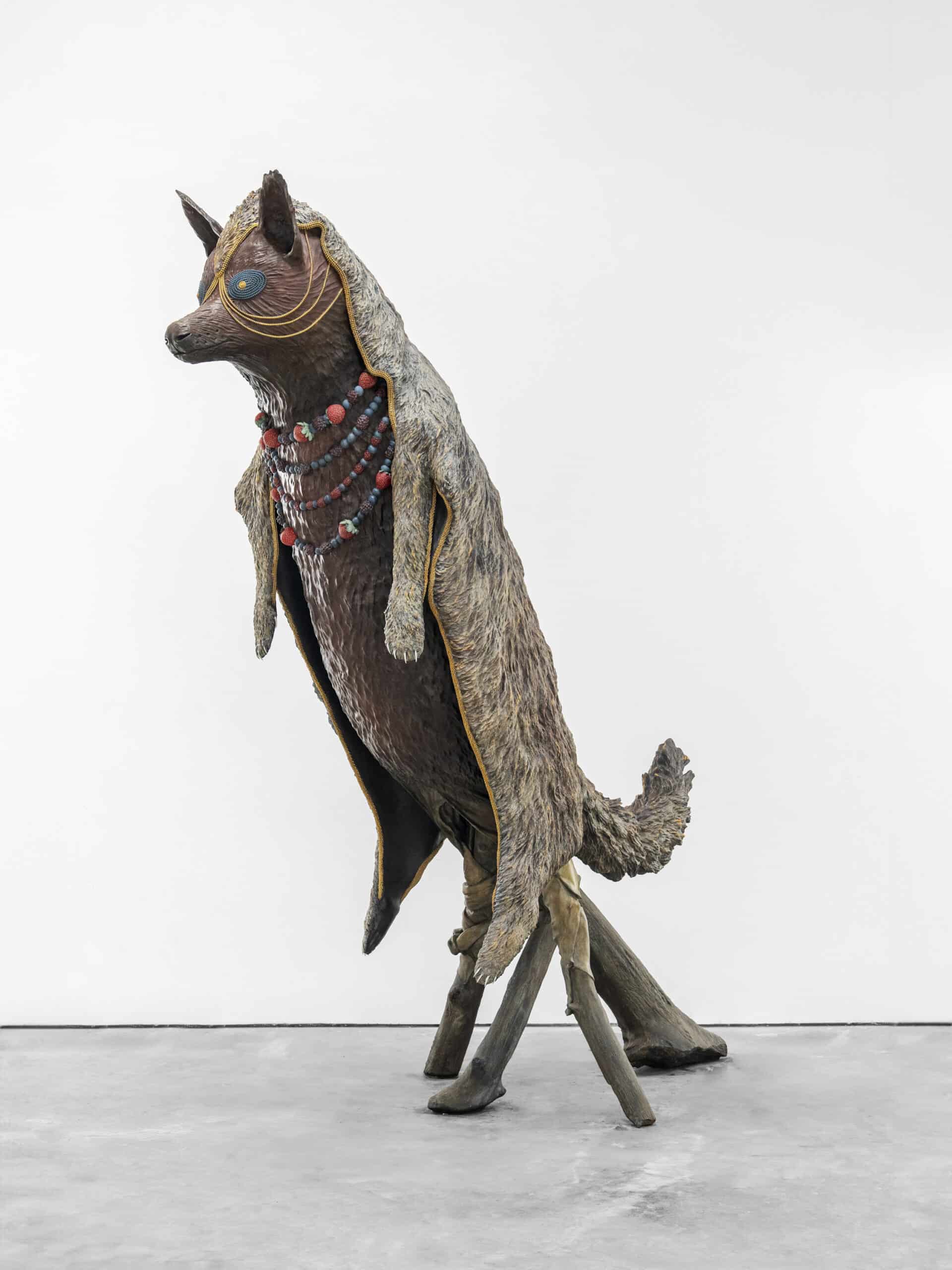 Jeffrey Gibson’s 2025 sculpture "nashoba holba / wayaha / coyote / they are witty and transform themselves in order to guide us."