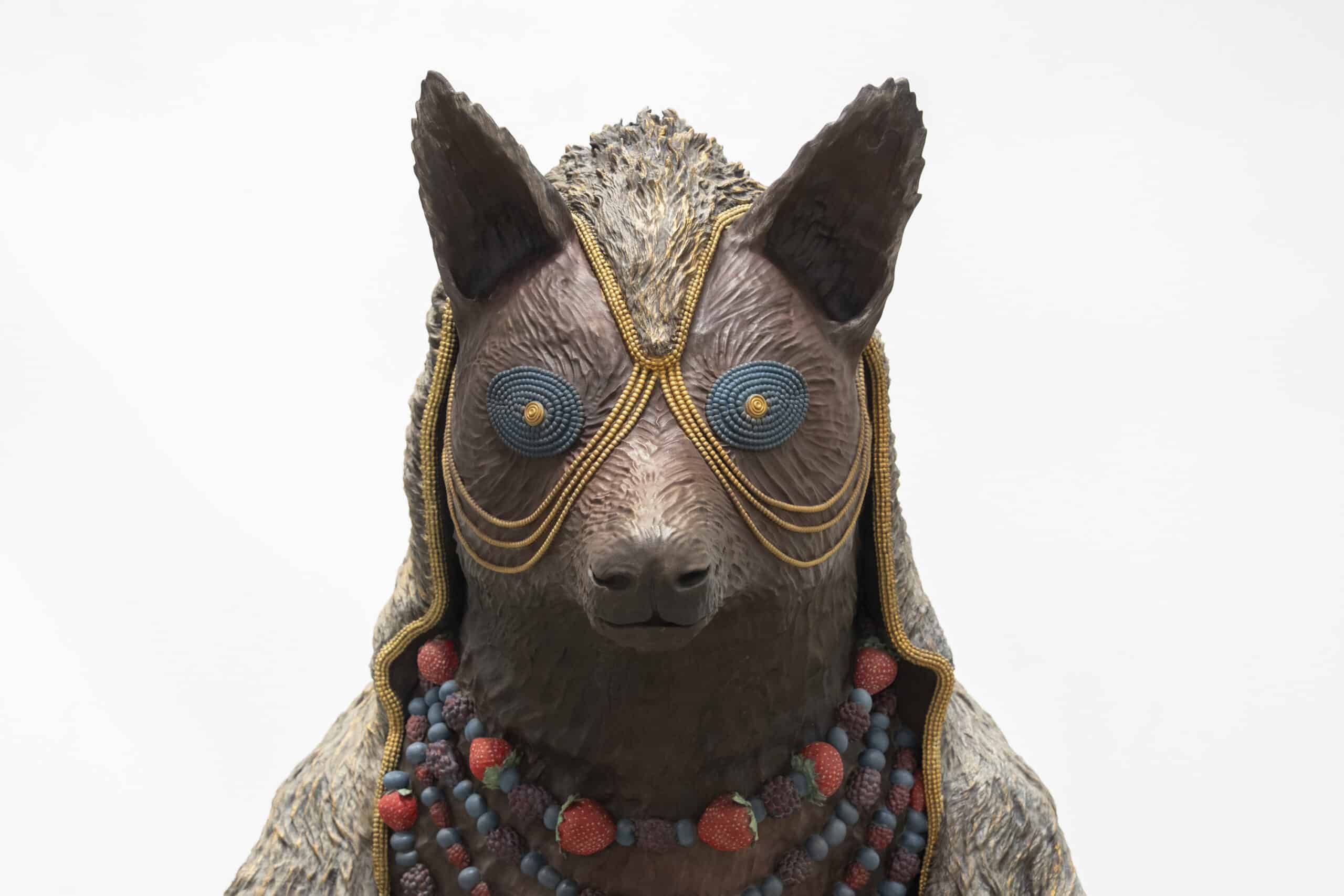 Jeffrey Gibson’s 2025 sculpture "nashoba holba / wayaha / coyote / they are witty and transform themselves in order to guide us."
