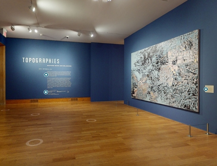 Screenshot of the virtual tour of the "Topographies: Mapping Being and Belonging" exhibition.